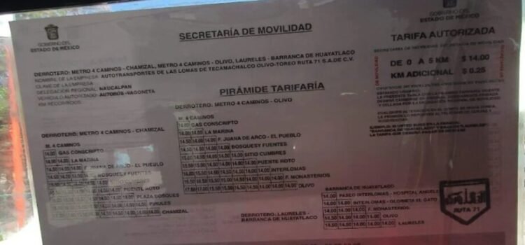 Transporte público deberá mostrar pirámide tarifaria en Edomex